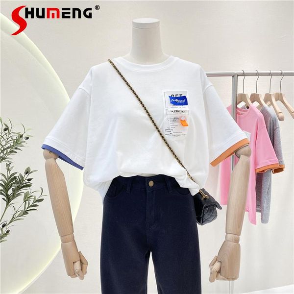 women's t-shirt 2021 spring summer labeling short-sleeved female loose slim patchwork fake two-piece tee round neck base shirt top, White
women's t-shirt 2021 spring summer labeling short-sleeved female loose slim patchwork fake two-piece tee round neck base shirt top, White