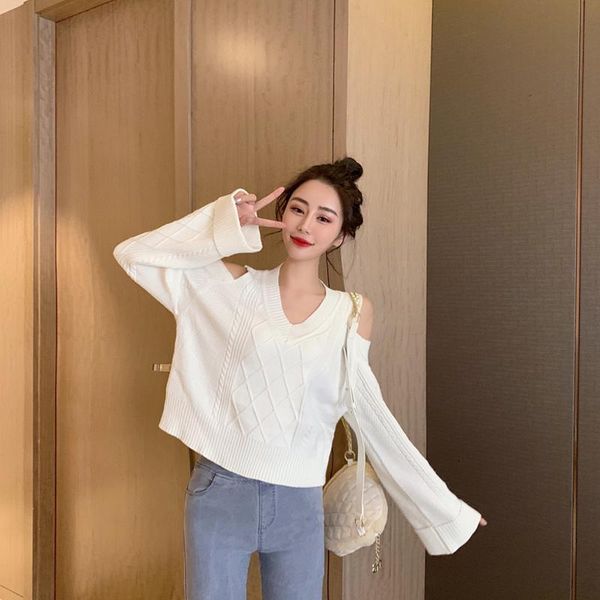 women's sweaters v-neck knitted clothing spring autumn simple korean style loose long sleeve off shoulder short crop, White;black
women's sweaters v-neck knitted clothing spring autumn simple korean style loose long sleeve off shoulder short crop, White;black