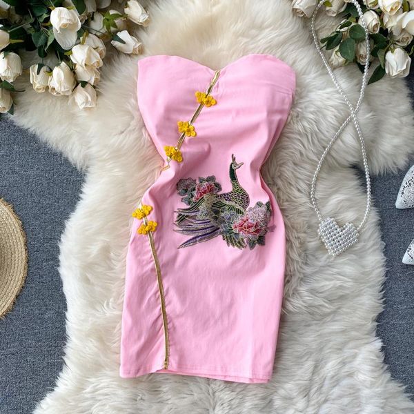 strapless peacock woman pink summer dress chinese style embroidery sleeveless above knee bodycon black casual dresses, Black;gray 
strapless peacock woman pink summer dress chinese style embroidery sleeveless above knee bodycon black casual dresses, Black;gray