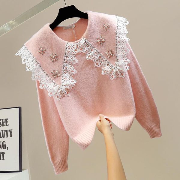 women's sweaters heavy industry bead lace collar knitwear 2021 autumn winter all-matching sweater loose solid color knitted for women, White;black
women's sweaters heavy industry bead lace collar knitwear 2021 autumn winter all-matching sweater loose solid color knitted for women, White;black