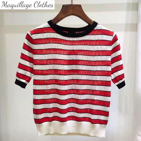 women's t-shirt summer 2021 designer knitted hollow-out stripe t-shirts c423, White 
women's t-shirt summer 2021 designer knitted hollow-out stripe t-shirts c423, White