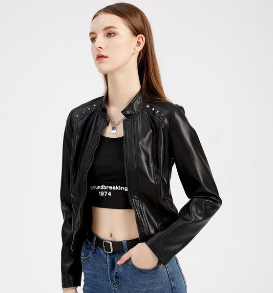 women's leather & faux thin jacket woman autumn slim oversized pu short female fashion solid biker coat ladys rivet casual zipper, Black
women's leather & faux thin jacket woman autumn slim oversized pu short female fashion solid biker coat ladys rivet casual zipper, Black