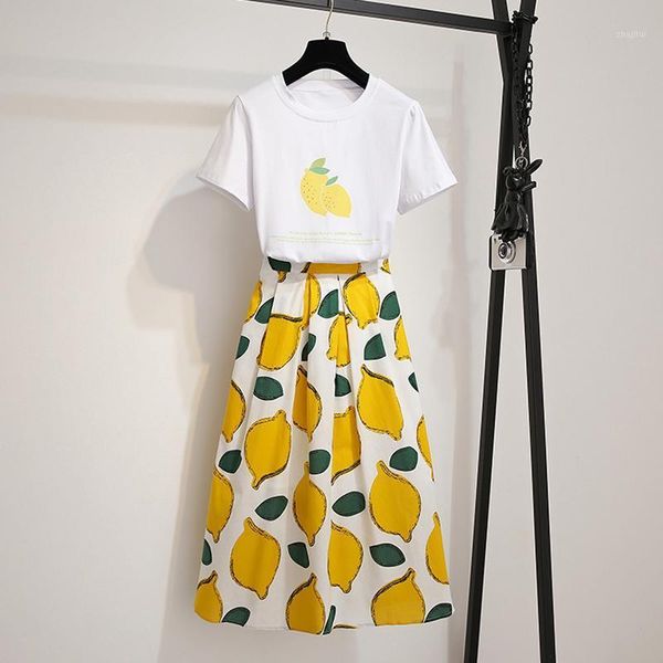 two piece dress women fashion 2 set summer print fruits letters short sleeve loose t-shirt + elegant swing knee skirt suits, White
two piece dress women fashion 2 set summer print fruits letters short sleeve loose t-shirt + elegant swing knee skirt suits, White