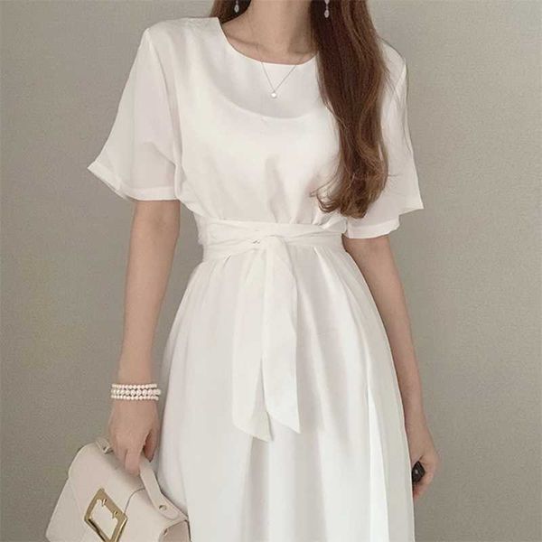elegant temperament summer o neck short sleeve white chiffon dress women with belt vestido de mujer retro fashion korean simple 210610, Black;gray
elegant temperament summer o neck short sleeve white chiffon dress women with belt vestido de mujer retro fashion korean simple 210610, Black;gray