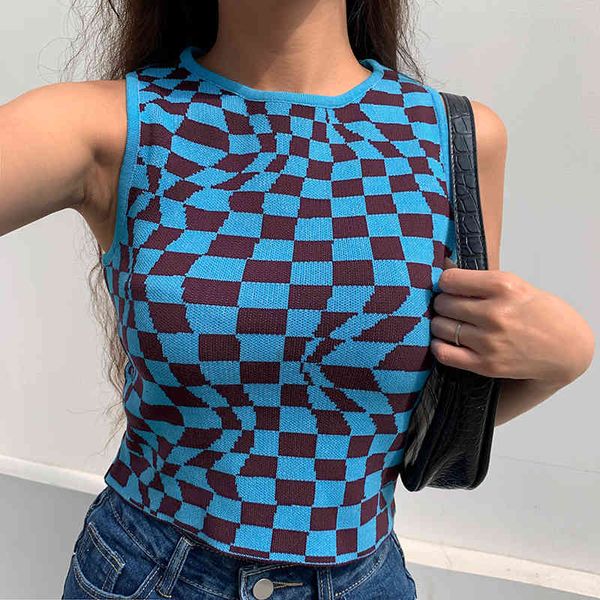 checked crop women's sleeveless knitting vest summer vintage printed y2k knitted skinny tank fashion outfits streetwear 210515, White 
checked crop women's sleeveless knitting vest summer vintage printed y2k knitted skinny tank fashion outfits streetwear 210515, White