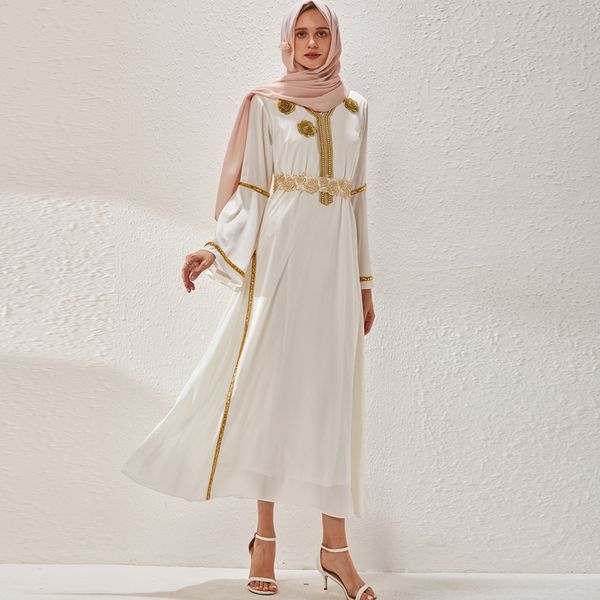 women's runway dress o neck long flare sleeves sequined appliques loose design elegant maxi designer robes vestidos, White;black
women's runway dress o neck long flare sleeves sequined appliques loose design elegant maxi designer robes vestidos, White;black