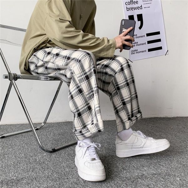 men's pants beige plaid straight vintage elastic waist man casual checked korean wide leg trousers wbz5, Black
men's pants beige plaid straight vintage elastic waist man casual checked korean wide leg trousers wbz5, Black
