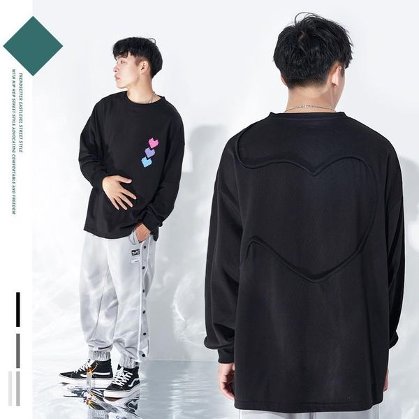 men's hoodies & sweatshirts chinese style love stitching embroidery sweater round neck loose oversize couple net red tide brand pullove, Black 
men's hoodies & sweatshirts chinese style love stitching embroidery sweater round neck loose oversize couple net red tide brand pullove, Black