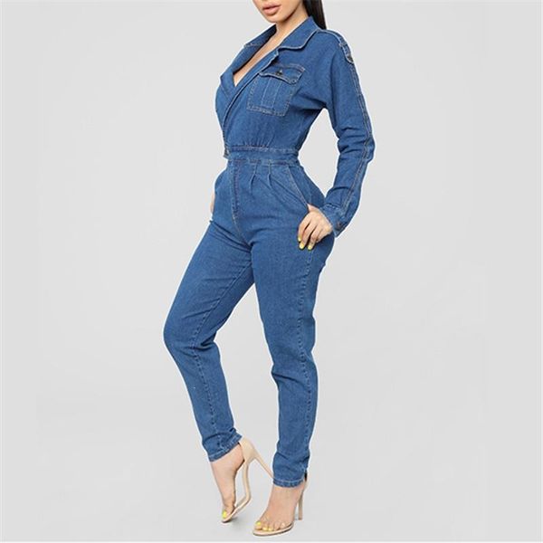 women's jumpsuits & rompers women blazer collar long sleeves slim denim jumpsuit deep v-neck with pocket wash bodycon, Black;white 
women's jumpsuits & rompers women blazer collar long sleeves slim denim jumpsuit deep v-neck with pocket wash bodycon, Black;white