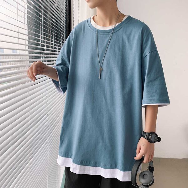 sleeve short t-shirt men's 2021 summer solid color round neck loose and fake two piec of trendy couple's large casual top, White;black
sleeve short t-shirt men's 2021 summer solid color round neck loose and fake two piec of trendy couple's large casual top, White;black