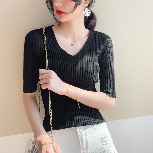 women's t-shirt 2021 summer v neck slim half sleeve knitted t shirt casual elegant ice silk knitting bottoming tees for women, White
women's t-shirt 2021 summer v neck slim half sleeve knitted t shirt casual elegant ice silk knitting bottoming tees for women, White