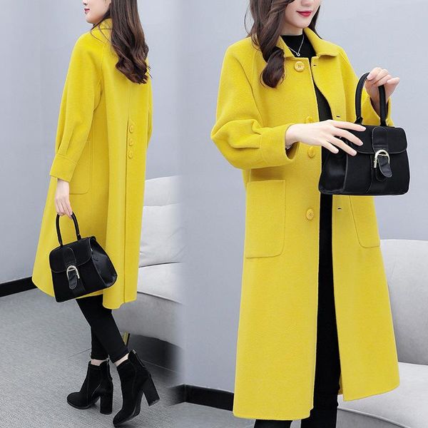women's wool & blends winter woolen coat yellow long korean elegant coats jackets women, Black
women's wool & blends winter woolen coat yellow long korean elegant coats jackets women, Black