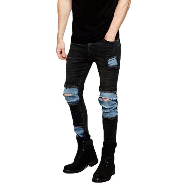men's jeans skinny denim pants, casual tapered leg color block stretch with ripped holes, Blue
men's jeans skinny denim pants, casual tapered leg color block stretch with ripped holes, Blue
