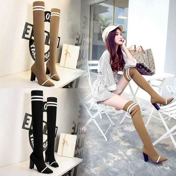 boots sharp wool thin overknee trend heel high, Black