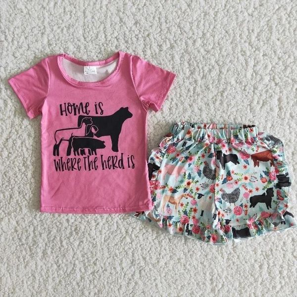 wholesale children summer clothes baby girl sets rose red farm pig cow sheep short sleeve shirt ruffle flower shorts kid, White 
wholesale children summer clothes baby girl sets rose red farm pig cow sheep short sleeve shirt ruffle flower shorts kid, White