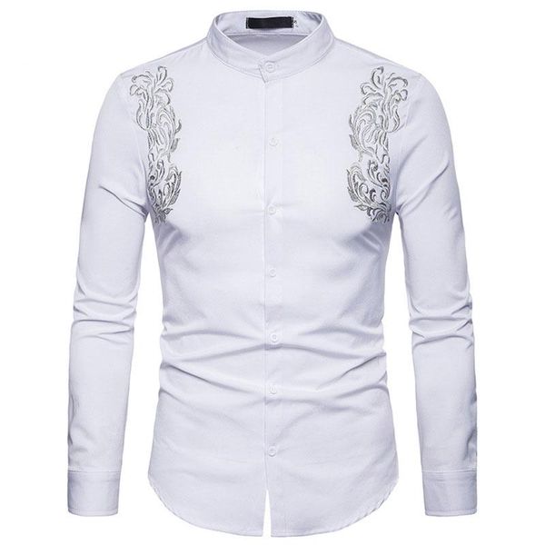 men's casual shirts stylish mandarin collar embroidery shirt men long sleeve chemise homme 2021 brand button down mens dress, White;black
men's casual shirts stylish mandarin collar embroidery shirt men long sleeve chemise homme 2021 brand button down mens dress, White;black