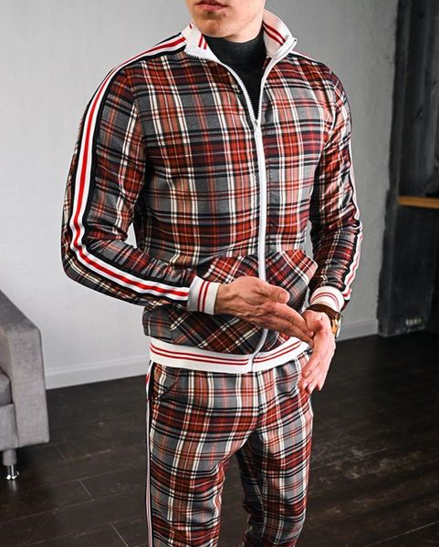 

fashionable check printed tracksuit men's casual sports trousers xxxl printing autumn zipper jacket 2pcs suit, Wine red stripes