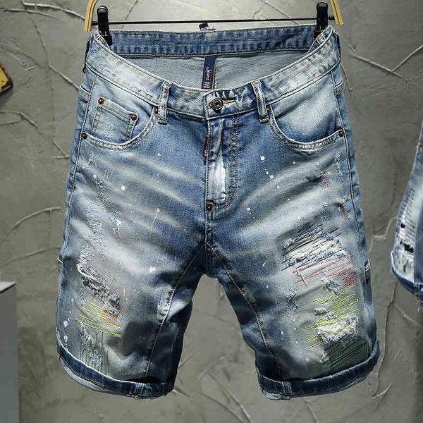 jeans chao brand holed short men's ink splashed paint dot pants embroidered patch light color capris elastic straight, Blue
jeans chao brand holed short men's ink splashed paint dot pants embroidered patch light color capris elastic straight, Blue