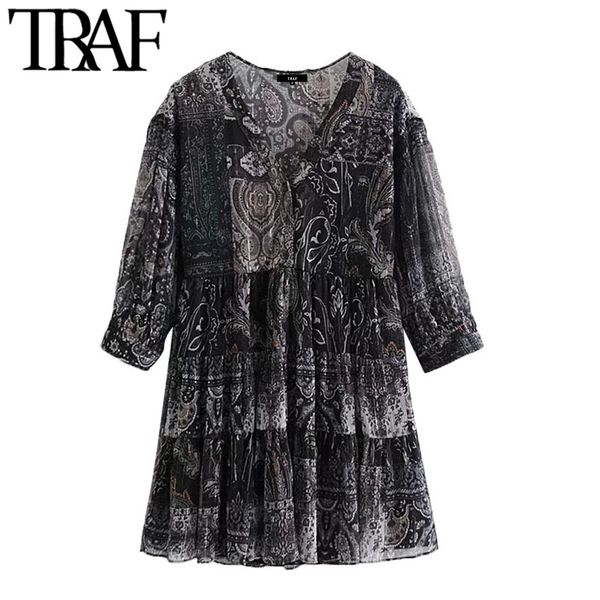 traf women chic fashion ruffled printed mini dress vintage three quarter sleeve with lining female dresses vestidos 210415, Black;gray
traf women chic fashion ruffled printed mini dress vintage three quarter sleeve with lining female dresses vestidos 210415, Black;gray