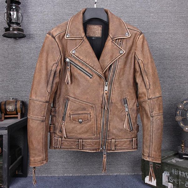 men's leather & faux 2021 vintage motorcycle jacket with belt slim short rivet double zipper cow moto biker coat men, Black
men's leather & faux 2021 vintage motorcycle jacket with belt slim short rivet double zipper cow moto biker coat men, Black