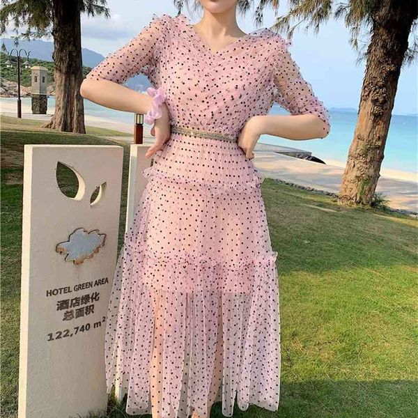 runway summer v neck short sleeve polka dot mesh long dress for women vintage elegant ruffles holiday party 210519, Black;gray
runway summer v neck short sleeve polka dot mesh long dress for women vintage elegant ruffles holiday party 210519, Black;gray