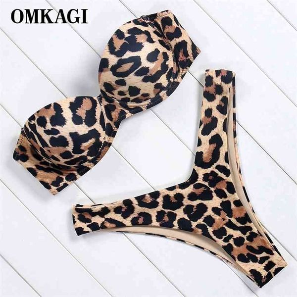 

omkagi leopard bikini set bandeau high cut solid swimsuit swimwear women push up bathing suit beachwear 210630, White;black