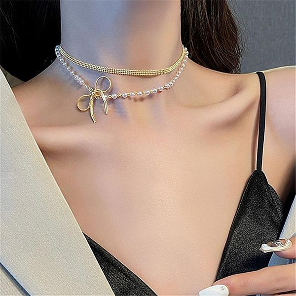 chains women jewelry two layer bow pendant choker necklace delicate design temperament simulated pearl for girl lady gifts, Silver
chains women jewelry two layer bow pendant choker necklace delicate design temperament simulated pearl for girl lady gifts, Silver