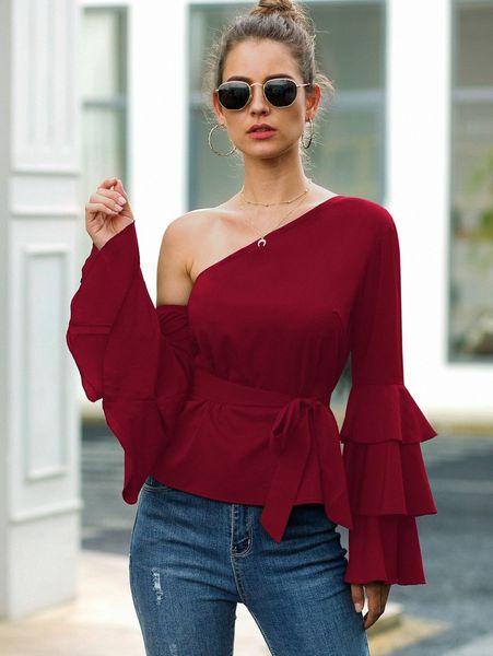 asymmetric neck layered sleeve belted n292#, White