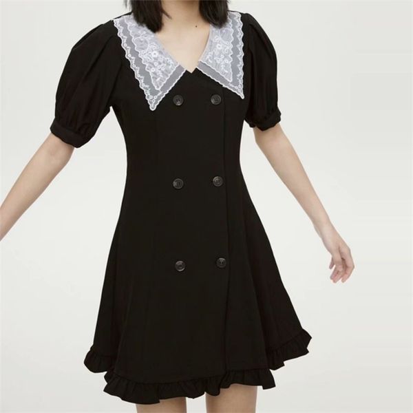 women summer vintage lace mini dress short sleeve spliced double breasted female elegant casual dresses clothes vestidos 210513, Black;gray
women summer vintage lace mini dress short sleeve spliced double breasted female elegant casual dresses clothes vestidos 210513, Black;gray
