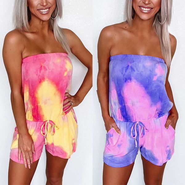 women's 2020 summer drawstring bra off shoulder tie dye one-piece shorts for women, Red;black
women's 2020 summer drawstring bra off shoulder tie dye one-piece shorts for women, Red;black