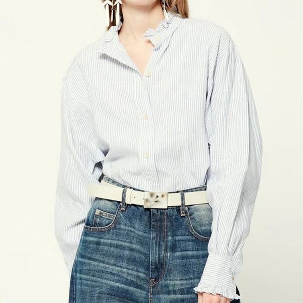 women 21isa mar long sleeve shirt ruffles stripe shirts stand collar autumn clothes classic women's, White
women 21isa mar long sleeve shirt ruffles stripe shirts stand collar autumn clothes classic women's, White