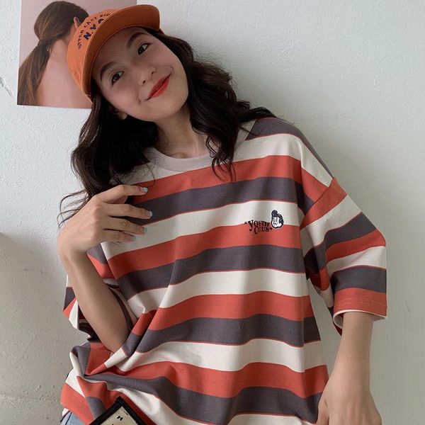 women's t-shirt 2021 summer striped short sleeve female student fashion design korean versatile half, White
women's t-shirt 2021 summer striped short sleeve female student fashion design korean versatile half, White