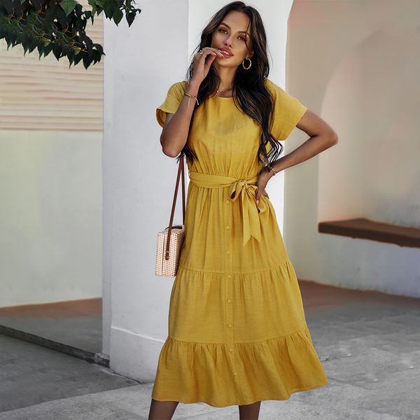 women summer long dress cotton solid o-neck short sleeves casual women's dress with belt slim female dresses 210524, Black;gray
women summer long dress cotton solid o-neck short sleeves casual women's dress with belt slim female dresses 210524, Black;gray