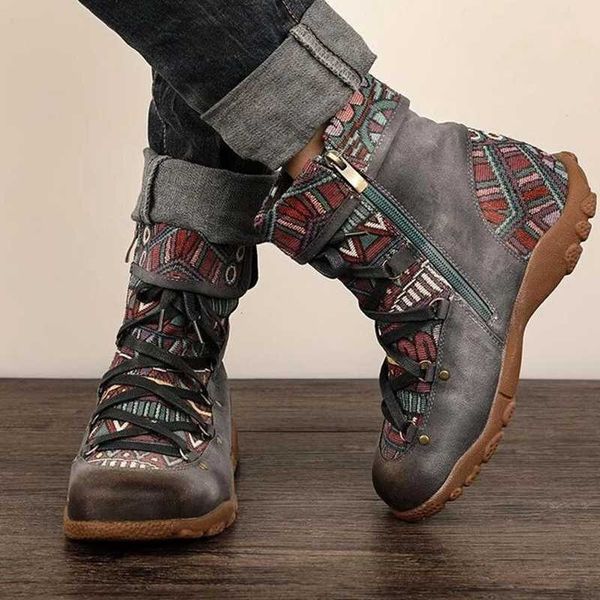 boots large size short tube women 2021 flat bottom bohemian lace-up ethnic style women's shoes, Black