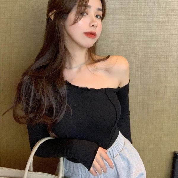 women's t-shirt ladies black skew collar one shoulder women tees yellow long sleeve solid color outfit for, White
women's t-shirt ladies black skew collar one shoulder women tees yellow long sleeve solid color outfit for, White