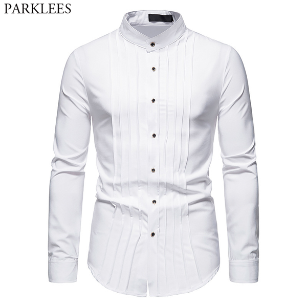men's casual shirts banded collar pleated tuxedo shirt slim fit long sleeve mens dress wedding groom party dinner elagant chemise, White;black
men's casual shirts banded collar pleated tuxedo shirt slim fit long sleeve mens dress wedding groom party dinner elagant chemise, White;black