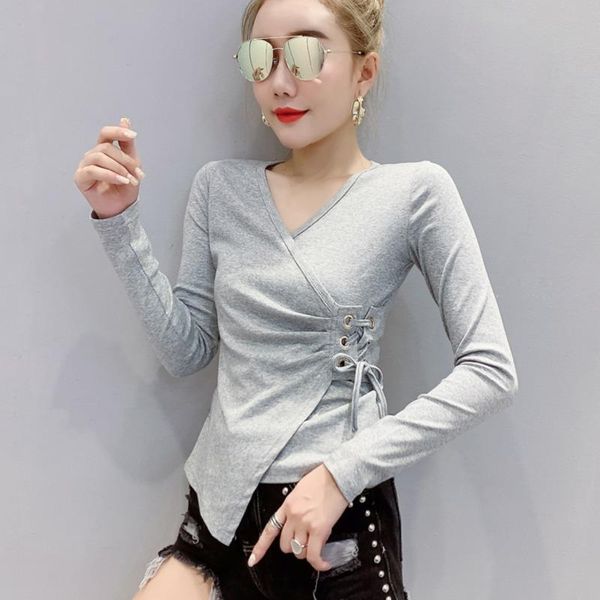 women's t-shirt #5655 cotton irregular t shirt women v neck short tight female long sleeved bandage for girl spring summer, White
women's t-shirt #5655 cotton irregular t shirt women v neck short tight female long sleeved bandage for girl spring summer, White