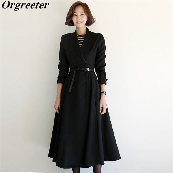 

temperament high-end professional ol long suit dress female spring notched collar long-sleeved with belt big swing 210602, Black;gray