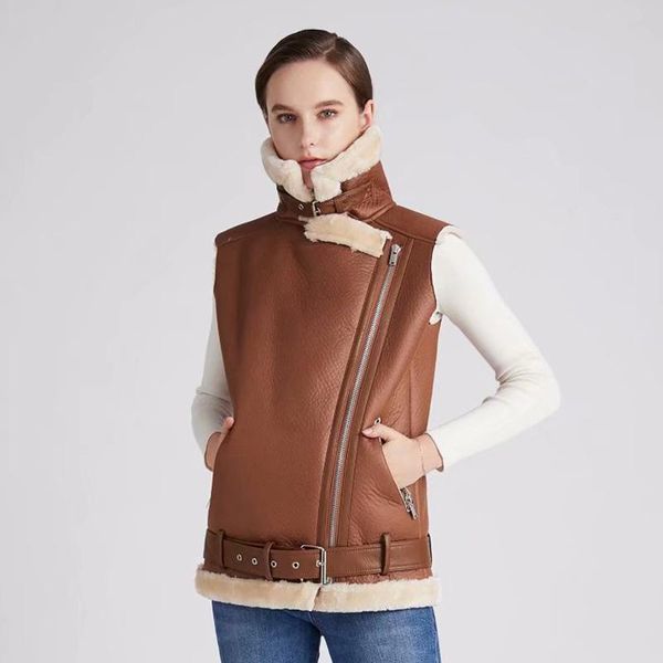 women's leather & faux trendy winter women vest streetwear warm fur zipper autumn sheepskin coat with belt sleeveless outwear, Black
women's leather & faux trendy winter women vest streetwear warm fur zipper autumn sheepskin coat with belt sleeveless outwear, Black