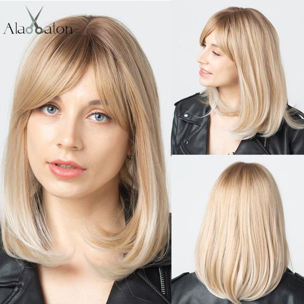synthetic wigs alan eaton straight ombre brown golden blonde wig with bangs for women medium length bob hairstyle heat resistant hair, Black 
synthetic wigs alan eaton straight ombre brown golden blonde wig with bangs for women medium length bob hairstyle heat resistant hair, Black