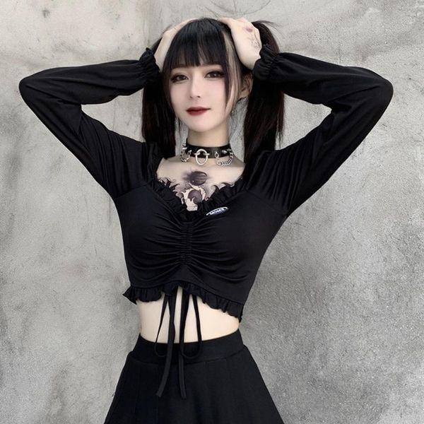 long sleeve black crop t-shirt for women gothic vintage ruffles drawstring t shirts femme spring v neck ruched female chic women's, White
long sleeve black crop t-shirt for women gothic vintage ruffles drawstring t shirts femme spring v neck ruched female chic women's, White