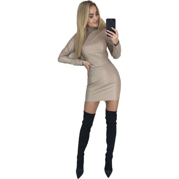 women pu sheath turtleneck casual mini dress long sleeve simple and versatile vintage dress spring new women elegant dress 210412, Black;gray
women pu sheath turtleneck casual mini dress long sleeve simple and versatile vintage dress spring new women elegant dress 210412, Black;gray