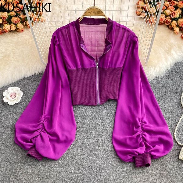 women's blouses & shirts kusahiki elegant slim waist short blouse knitted patchwork chiffon woman fashion lantern sleeve o-neck blusas, White
women's blouses & shirts kusahiki elegant slim waist short blouse knitted patchwork chiffon woman fashion lantern sleeve o-neck blusas, White