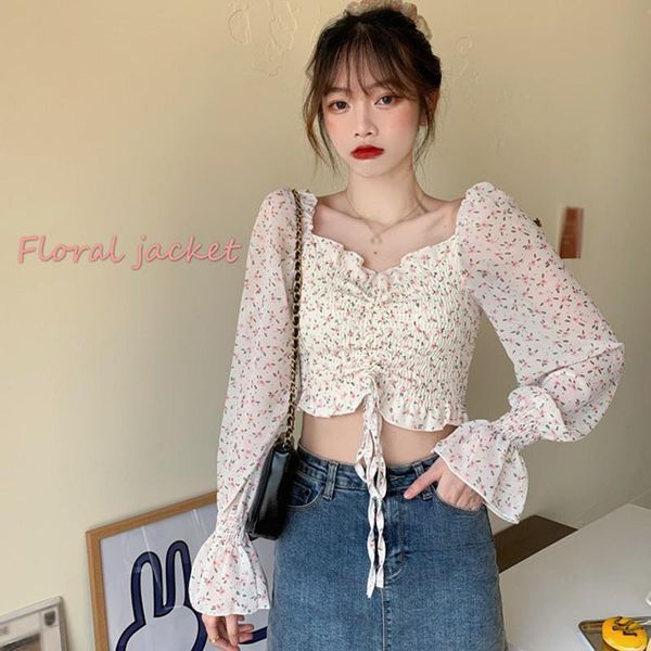 women's blouses & shirts 2021 blouse women summer square collar pleated floral crop chiffon shirt long sleeve korean blusas *, White
women's blouses & shirts 2021 blouse women summer square collar pleated floral crop chiffon shirt long sleeve korean blusas *, White