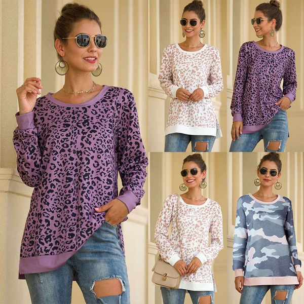 casual dresses women's round neck long sve leopard print t-shirt top, Black;gray