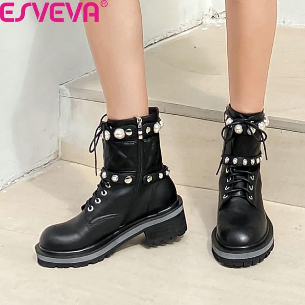 boots esveva 2021 ankle fashion string bead cow leather women short round toe lace up zipper ladies shoes size 34-39, Black
boots esveva 2021 ankle fashion string bead cow leather women short round toe lace up zipper ladies shoes size 34-39, Black