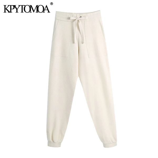 women chic fashion side pockets knitted pants vintage high waist with drawstring female ankle trousers mujer 210420, Black;white
women chic fashion side pockets knitted pants vintage high waist with drawstring female ankle trousers mujer 210420, Black;white