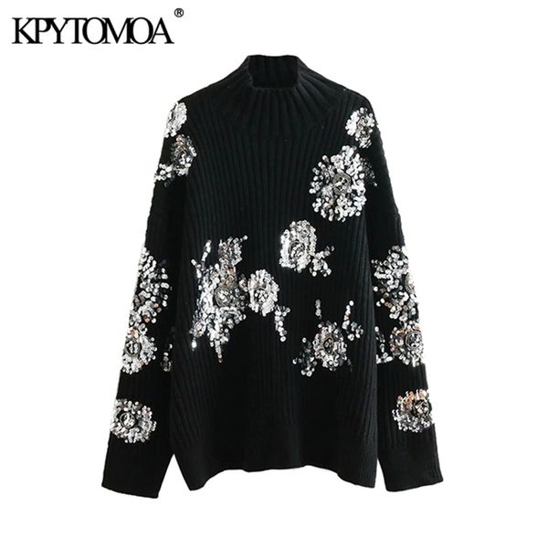 women fashion beading sequins loose knitted sweaters vintage high collar long sleeve female pullovers chic 210420, White;black
women fashion beading sequins loose knitted sweaters vintage high collar long sleeve female pullovers chic 210420, White;black