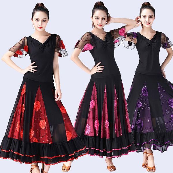 stage wear modern dance costumes for women ballroom national standard big swing skirt flower mesh dress performance, Black;red
stage wear modern dance costumes for women ballroom national standard big swing skirt flower mesh dress performance, Black;red