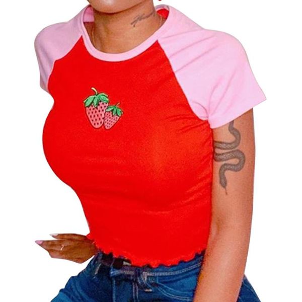 women's t-shirt summer women strawberry printed lace up hem short sleeve patchwork fashion slim tees, White
women's t-shirt summer women strawberry printed lace up hem short sleeve patchwork fashion slim tees, White